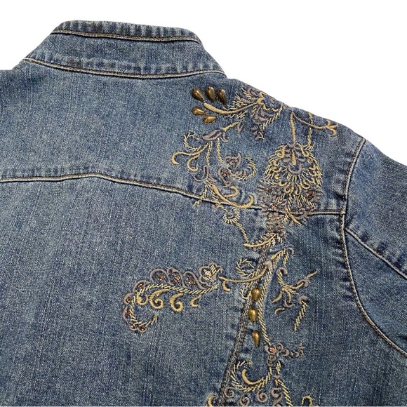 Vintage 90's Embroidered Beaded Blue Denim Jacket Size 1 Women's Chico's Boho - Picture 12 of 14